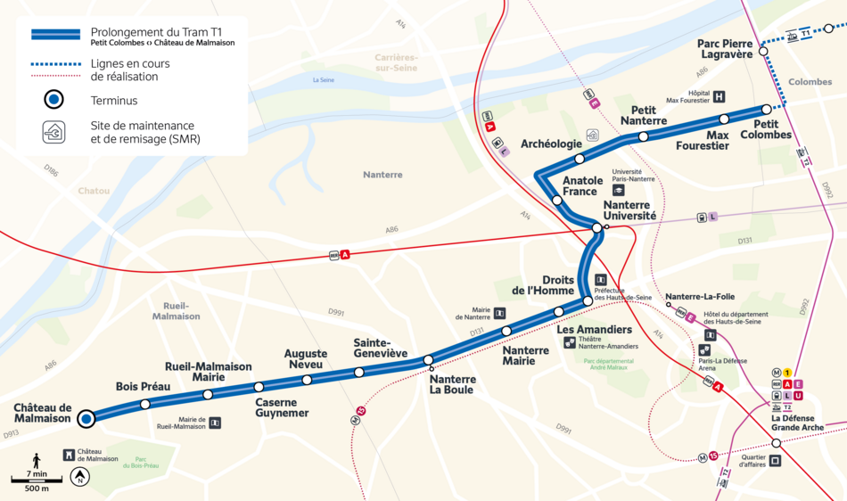 Cartopgraphie du projet de tracé du T1 sur la commune de Nanterre, entre le Petit-Colombes et Rueil Malmaison.