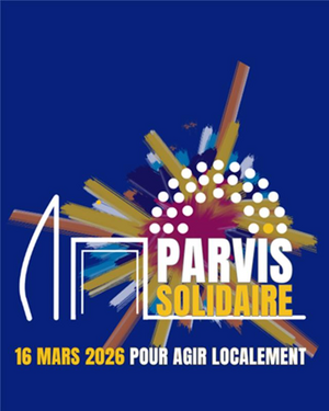 Affiche graphique du Parvis Solidaire, avec slogan "Pour agir localement"