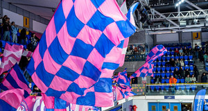 Gros plan sur les drapeaux des supporters des Mariannes 92 au palais des sports Marcel-Cerdan