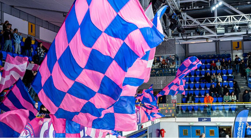 Gros plan sur les drapeaux des supporters des Mariannes 92 au palais des sports Marcel-Cerdan