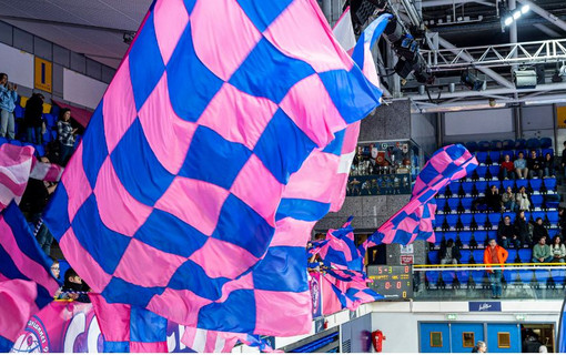 Gros plan sur les drapeaux des supporters des Mariannes 92 au palais des sports Marcel-Cerdan