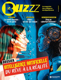 Couverture du magazine Buzzz sur l&rsquo;intelligence artificielle avec &eacute;l&eacute;ments futuristes et robot humano&iuml;de