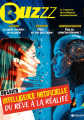 Couverture du magazine Buzzz sur l’intelligence artificielle avec éléments futuristes et robot humanoïde