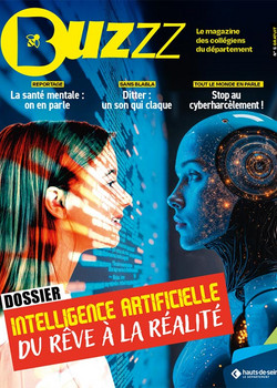 Couverture du magazine Buzzz sur l&rsquo;intelligence artificielle avec &eacute;l&eacute;ments futuristes et robot humano&iuml;de