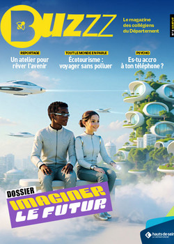 Couverture du magazine Buzzz sur le th&egrave;me imaginer le futur avec deux jeunes dans une ville futuriste &eacute;cologique et des transports innovants