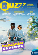 Couverture buzzz 6 - 3e trimestre 2025-2026 Couverture du magazine Buzzz sur le thème imaginer le futur avec deux jeunes dans une ville futuriste écologique et des transports innovants