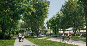 image illustrant le T1 sur l'avenue Joliot-Curie à Nanterre, face à la mairie. Le T1 passe au centre de l'avenue