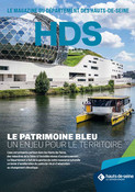 Couverture du magazine HDS pr&eacute;sentant le patrimoine bleu des Hauts‑de‑Seine avec La Seine et un bateau longeant le b&acirc;timent de La Seine musicale 