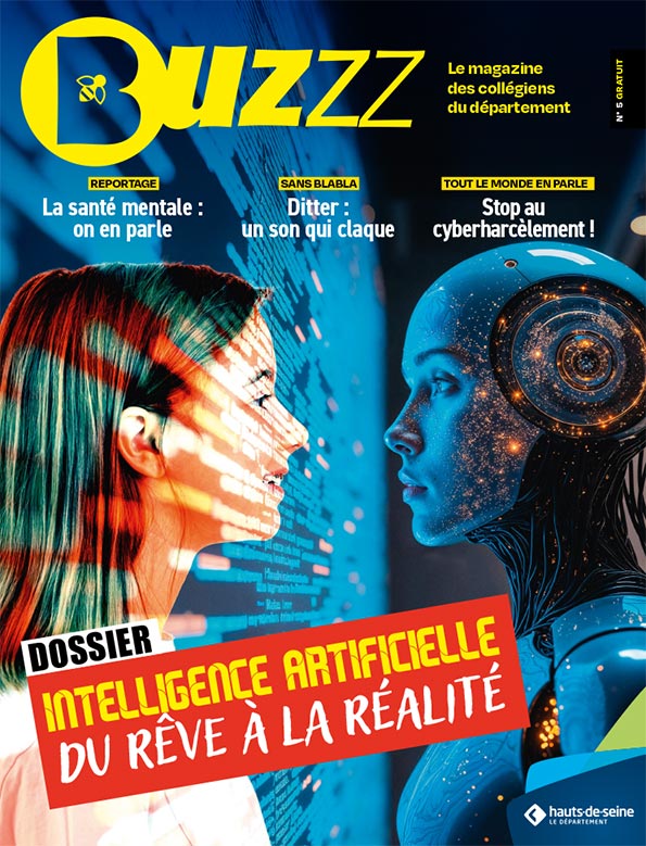 Couverture du magazine Buzzz sur l&rsquo;intelligence artificielle avec &eacute;l&eacute;ments futuristes et robot humano&iuml;de