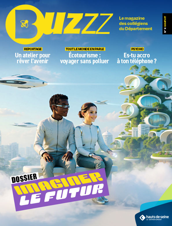 Couverture buzzz 6 - 3e trimestre 2025-2026 Couverture du magazine Buzzz sur le thème imaginer le futur avec deux jeunes dans une ville futuriste écologique et des transports innovants